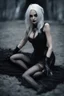 Placeholder: Beautiful goth girl crawling towards the camera in a scary position. White hair, dark make-up, grin on face, black, tight dress. super realistic, smoky background