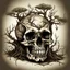 Placeholder: tattoo design of a human skull with a hole in the top a dead tree through it and roots coming out the jaw