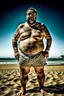 Placeholder: full figure shot photography of a tired chubby burly 38 years old ugly arab carpenter, shirtless, big nose, tattoo, unshaved, short curly hair, manly chest, angry eyes, open legs , at the beach in the sun, big shoulders, big tights, side light, ground view angle