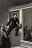 Placeholder: llustrate John Wilkes Booth leaping from the president's box onto the stage, shouting "Sic semper tyrannis." Capture the commotion and panic in the aftermath of the assassination. Depict Booth's swift escape through a side door, disappearing into the darkness