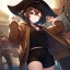 Placeholder: Clear focus, High resolution, short brown spiky hair, hair between eyes, eyes closed, wearing a brown detective hat, wearing a brown jacket and a black shirt, wearing black shorts, 1girl, pulling hat down, smiling, wearing a oversized hoodie