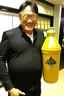 Placeholder: Robert Kiyosaki standing next to giant golden milk bottle that say milk on STYLE OF HIROKU OGAI