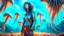 Placeholder: woman with black hair, in brown leather trousers and jacket, walking through Alien mushrooms with jellyfish tentacles in an alien forest, photorealistic, Deep Colour, Intricate Detail, sunshine, blue sky