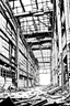 Placeholder: Abandoned industrial warehouses, line arts, manga style