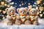 Placeholder: cute teddy bears holding hearts covered in sparkling gold glitter, beautiful winter composition, snowflakes, pine branches, Christmas ornaments and glowing Christmas lights