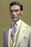 Placeholder: Man in his 40s, thin, clean-shaven; he wears and Ivory double-breasted suit and a silk scarf of the same color; careful look