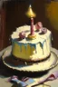 Placeholder: A birthday cake written "Happy Birthday". oil painting.