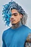 Placeholder: longish light blue wavy hair, brown skin, grey eyes, tattoos, black turtle neck clothing, hispanic