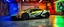 Placeholder: sleek lamborghini car in underground neon garage, the car is painted like a badger, the picture is framed with metallic frame with decals, the car also has some insane decals