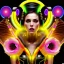 Placeholder: Sweet cyber beewoman, Rosalia artist, cold ambient, rain, fog, latex, cables, purpurin, black, gold, rings piercing, yellow, decorative color feathers, circuits, neon style, a lot of led lights, fog, rain, vibrant color, highly detailed, art stations, concept art