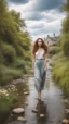 Placeholder: full body shot of a very beautiful lady curvy hair, walks in the country side with a narrow river with clean water and nice rocks on floor. The trees and wild flowers pretty country houses ,nice cloudy sky.