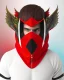 Placeholder: Draw an illustration with a red and black hood and a dragón mask over they eyes, front view