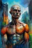 Placeholder: A surreal picture of a man with crystal visible chest in side it merge a big city buildings. Busch painting style , mystery, anger oil rough brush with thick colors