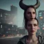 Placeholder: a moody medium-close-up shot of an attractive woman with a gentle smile and ram horns. She's standing on a cyberpunk city sidewalk , high-resolution