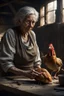 Placeholder: "A an old paints cracked dirty abandoned barn an old woman holding a chicken from the neck in one hand and holding a knife on the other hand on the table , , insanely detailed octane render trending on artstation, 8k artistic photography, photorealistic concept art, soft natural volumetric cinematic perfect light, chiaroscuro, award-winning photograph, masterpiece, oil on canvas, Raphael, Caravaggio, Greg Rutkowski, people, beksinski, Giger