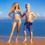 Placeholder: full body image of a beautiful 12 year old girl and a beautiful 12 year old boy with long, blonde curly hair and light blue eyes, smiling, shirtless, in front of an distant beach, 8k