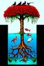 Placeholder: Watched a show about the Everglades, and found this fascinating. Birds exist on the top of tree, and fish in the roots. Bing prompt: a beautiful mangrove tree , with the root system under water in the Everglades, with fish and creatures living in the twisted roots, the image shows the bottom in water and the top has a red duckbill bird and a white heron living in the top of tree.
