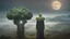 Placeholder: A moon that looks like a happy origin head broccoli above a landscape golden ratio, a robot in a ragged dress looks up in the distance, fog, and intricate background HDR, 8k, epic colors, fantasy surrealism, in the style of gothic