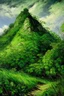 Placeholder: A green leafy mountain with thorny vines painted by Claude Monet