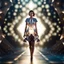 Placeholder: A full-body shot of a beautiful lady walking and looking at the camera within an intricate origami-style 3D fractal interstellar world. The image uses a blurred bokeh effect, folded paper aesthetic, geometric precision, sharp subjec