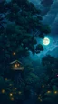 Placeholder: Secluded treehouse, dense jungle, fireflies, moonlit night, anime style anime style , dark clouds , rain, anime style