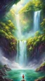 Placeholder: a boy in heaven, vibrant color, waterfall, clouds, green