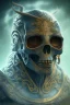 Placeholder: blue alien, cracks in the head, evil, Asian eyes, weapons, blood, 8k, finely detailed, photo realistic, HR Giger style turquoise skull head gold dragon Mexican alien moon skeleton Viking helmet Black background