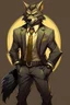 Placeholder: Buff, anthro, wolf, himbo, black fur, gold eyes, wearing a suit, full-body