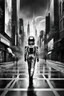 Placeholder: picture from a grayscale cityscape. In the middle a human walking in irridescent space suit on the street, a color step transition 3d figure , high contrast between her and the black and white space, enhancing the contrast between her and city, ultra quality, high digital illustration, cinematic, sci-fi, surreal, dystopian atmosphere, stunning