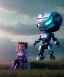 Placeholder: little girl sitting inside a big robot suit, white and purple