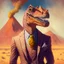 Placeholder: A portrait of a dinosaur man wearing a suit like a sineger vintage, in a desert with a volcano background. Magic the gathering style art.