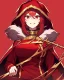 Placeholder: Smiling, girl with red clothes and a long Red blouse with a hood like that with fur on it, red eyes, has a personality evil, her teeth are sharp and one of them is gold, the one in the top left corner, Wears a collar with thorns around her neck, she is always irritated, dark red background