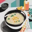 Placeholder: Collage, risograph, a bowl of risotto, (semi-overhead view:1.2), halftone pattern, modern design stylized, (ink paint:0.8), (tint leak:1.2), bold solid colors