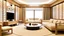Placeholder: sala estilo japandi con colores neutros claros, sofa con cama silla de acento blanca, mesa de centro ovalada y mesa lateral circular, con mueble de televisión