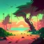 Placeholder: vampire futuristic world morning sunrise trees with green leaves and sandy beach cartoon