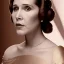 Placeholder: analog style, half-length color photo shoot, three-quarter face pose of carrie fisher as Princess Leia with realistic fine and very simple short hair, entrancing deep brown eyes, Intricate, High Detail, Sharp focus, realism, rim lighting, Nikon D850, ef 85mm 5.6 by Annie Leibovitz, dark plain background