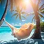 Placeholder: Conch shell Double Exposure scene of a tropical beach with a hammock between two palm trees double exposure on its shell :: amazing multiple exposure digital illustration, 4D, close-up, light negative space