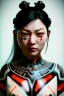 Placeholder: Studio photo portrait, Asian woman samurai, yakuza body tattoos, symmetry photography, cyberpunk, army dress, japanese traditional ornaments, red, white, black, led wires, glow eyes, cinematic, Ultra realistic, wide angle view, soft color, highly detailed, unreal engine 5, RTX, ultra detail, 3d, finely drawn, high definition.