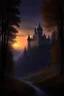 Placeholder: beautiful October Dusk landscape, atmospheric, depth of field, realism, focal point, Haunted Spooky Gothic castle