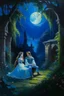 Placeholder: Oil painting A secret meeting between a princess and a prince in an abandoned garden in an abandoned palace under the moonlight