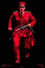 Placeholder: poster of a german soldier(uniform and face based on racist steriotypes) running towards viewer, a knife i one hand, and a gun(barrel pointing at viewer) in the other. retro poster monochrome with white background