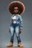 Placeholder: create a digital image of a plus size chibi dark skinned Black female wearing a light blue jean outfit with timberland boots. Prominent make up with brown eyes. Highly detailed tight ombre curly afro 2k