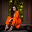 Placeholder: Beautiful 25 year old woman sitting wearing an orange jumpsuit and bare feet. dark fantasy