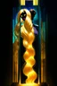Placeholder: bizarre surreal arafed art, (((heavily stylized Rapunzel))) inside an urban vector tower made of glass columns and dark perpendiculars, (((no facial details))), black revert facial silhouette, demonic yellow slit eyes, fuzzy interlocking untamed hair, long glowing blonde hair like a golden waterfall sweeping into a massive vertical pillar, deconstruct aesthetic, spindle shock, elegant Art Nouveau features with Klimt gold leaf textures, warm yellow orange beige and amber light reflections, abstra