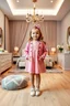 Placeholder: a 6 years old girl in modern clothing and makeup standing pose with cute and joy with pertty shoes in a very large luxury baby bedroom