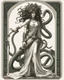 Placeholder: full-length, detailed persona, sword in hand, gorgon medusa, from the back, half-turn, full-length, leans on one leg, snakes on the head instead of hair