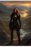 Placeholder: A formidable warrior girl in black armor, on the background Amazing gloomy landscape, flooded with sunset, mountains, trees, fabulous scary hero, , juicy emotions, painting, dark fantasy, gloomy day, dark world, portrait, by James Paick & Anna Razumovskaya