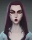 Placeholder: woman vampire, pale skin, brown long hair, galaxy cloak, blue eyes, very red lips, prominent cheek bones, slightly gaint face