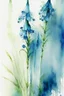 Placeholder: Abstract wet watercolour, blue green stalks delphiniums, centered
