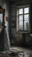 Placeholder: An old dusty wedding dress hanging on the wall by a broken a big mirror on the wall of an abandoned room , stormy foggy sky in the from the window in the background, Bosch painting style, sad and tragic and dark scenes